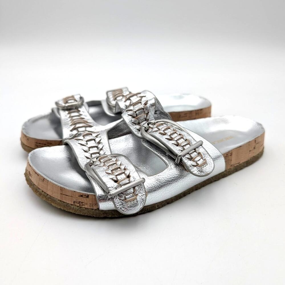 Veronica Beard Paige Woven Suede Dual-Buckle Slide Sandals Silver Sz US6M EU36.5